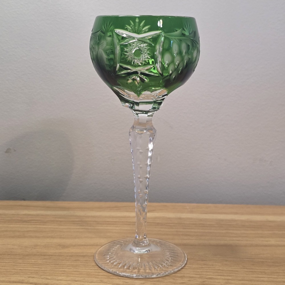 Green Cut Crystal Goblet with Clear Faceted Stem